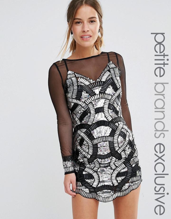 Maya Petite Heavily Embellished Mini Dress With Mesh Sleeves - Black