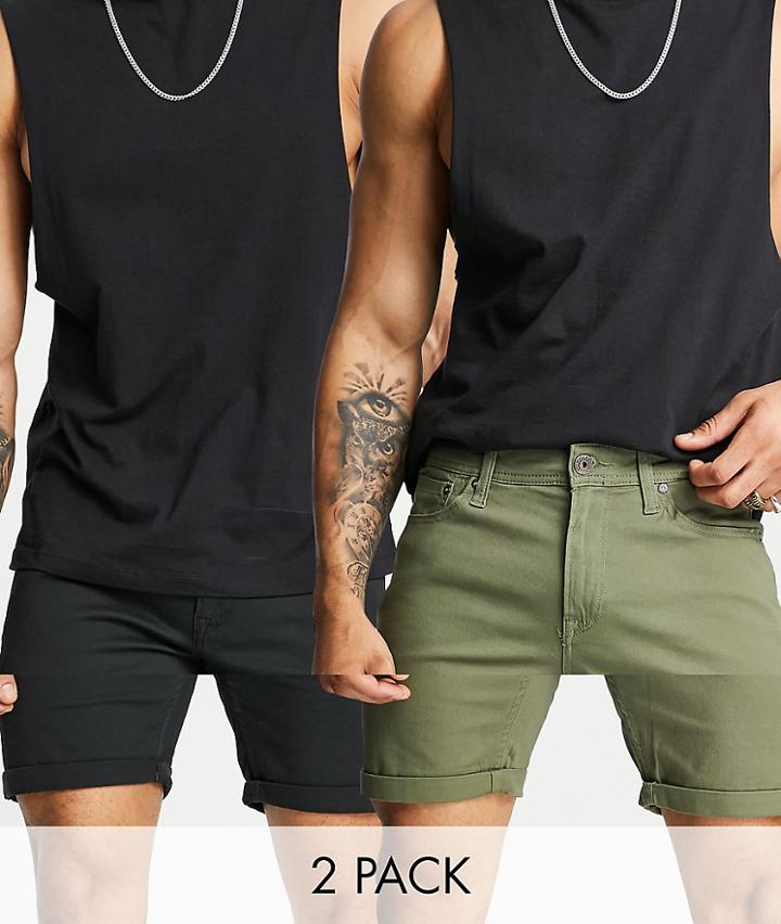 Jack & Jones Intelligence 2 Pack 5 Pocket Shorts In Khaki & Black-multi