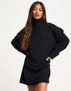 Asos Design Super Soft Turned Cuff Roll Neck Mini Sweater Dress In Black