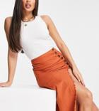 Asos Design Tall Midi Skirt With Raw Edge And Button Detail In Rust-orange