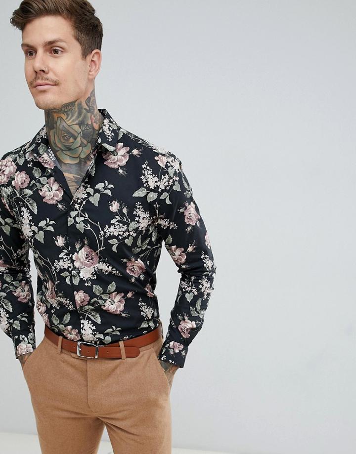 Twisted Tailor Skinny Fit Shirt In Dark Floral Print - Gray