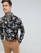 Twisted Tailor Skinny Fit Shirt In Dark Floral Print - Gray