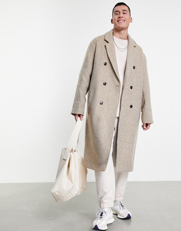 Asos Design Oversized Wool Mix Overcoat In Beige Herringbone-black