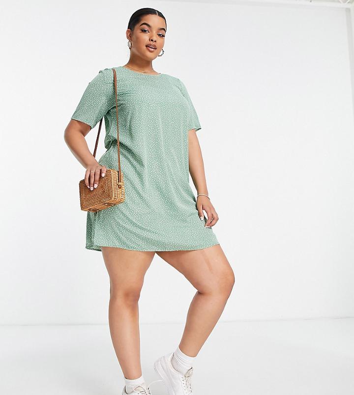 Glamorous Curve Short Sleeve Shift Dress In Green Ditsy