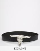 Retro Luxe London Bull Head Buckle Leather Belt In Black