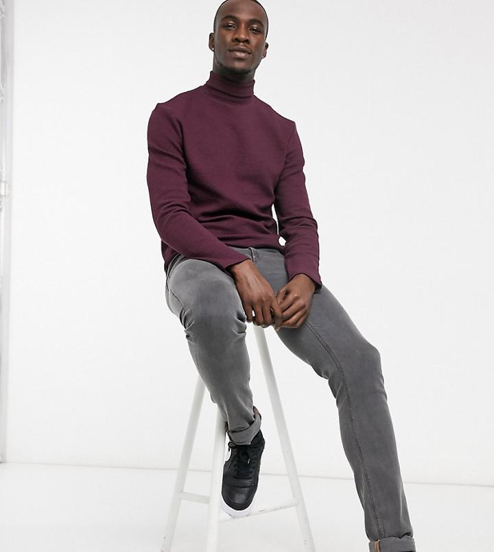 Asos Design Tall Long Sleeve T-shirt With Roll Neck In Burgundy Textured Fabric