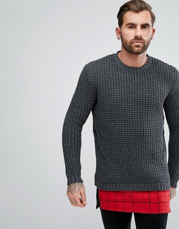 Religion Knitted Sweater With Check Hem Extender - Gray