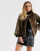 Jayley Leopard Print Faux Fur Jacket-brown