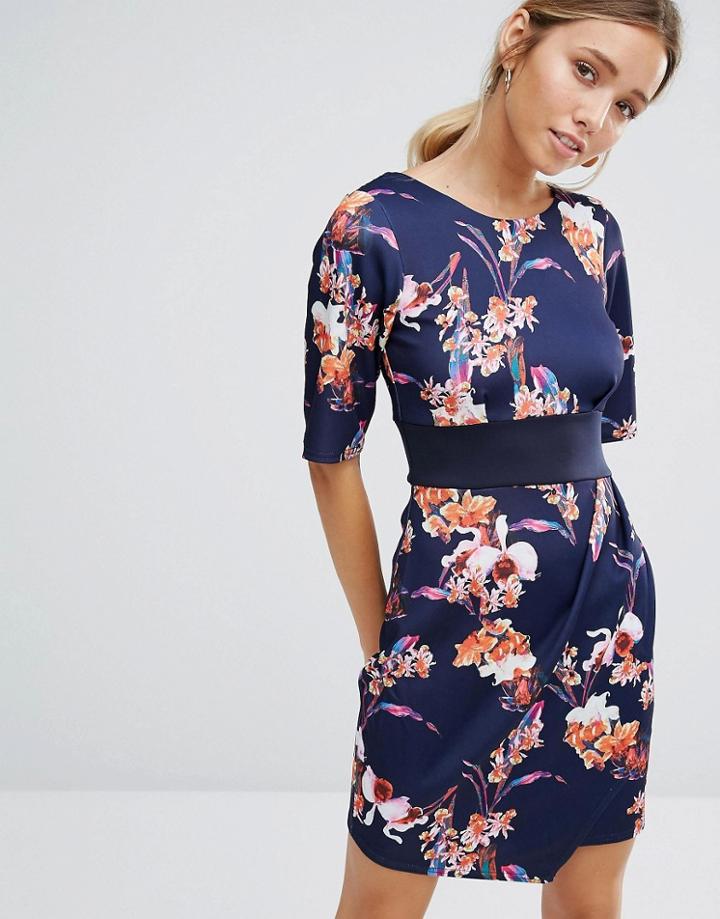 Closet Floral Drape V-back Scuba Dress - Navy