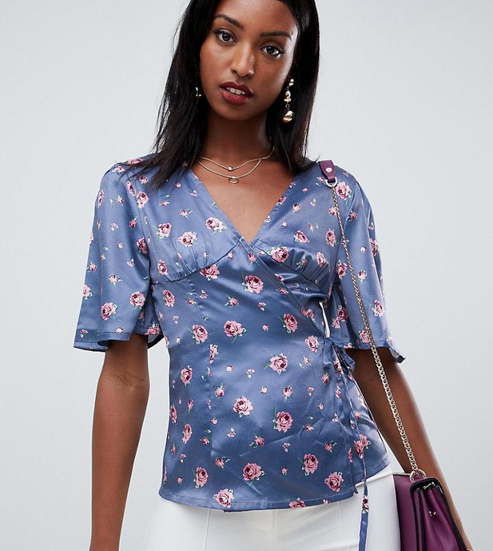 Fashion Union Tall Wrap Top In Romantic Floral - Gray