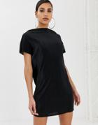Asos Design Slash Neck T-shirt Dress In Plisse-black