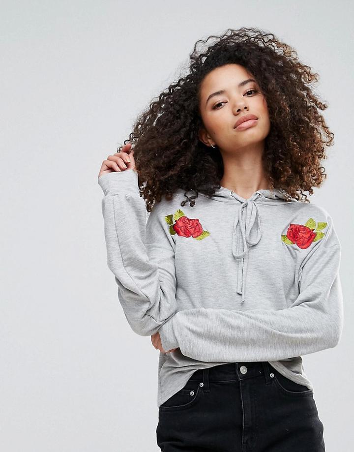 Daisy Street Rose Embroidery Hoodie - Gray