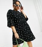 Asos Design Curve Oversized Mini Smock Dress With Dropped Waist In Mono Spot-black