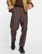 Asos Design Skater Fit Pants With Deep Turn Up In Brown Stripe