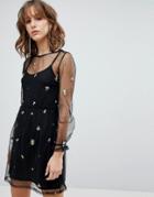 New Look Embroidered Mesh Dress - Black