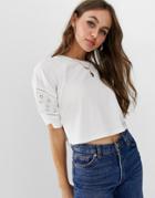 Asos Design Cropped T-shirt With Broidery Sleeve - White