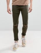 Criminal Damage Super Skinny Jeans With Knee Rips - Green