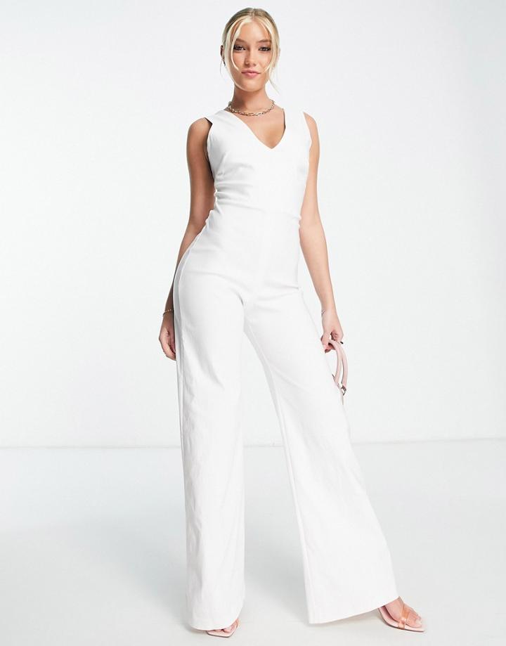 Vesper Plunge Front Wide Leg Jumpsuit In White