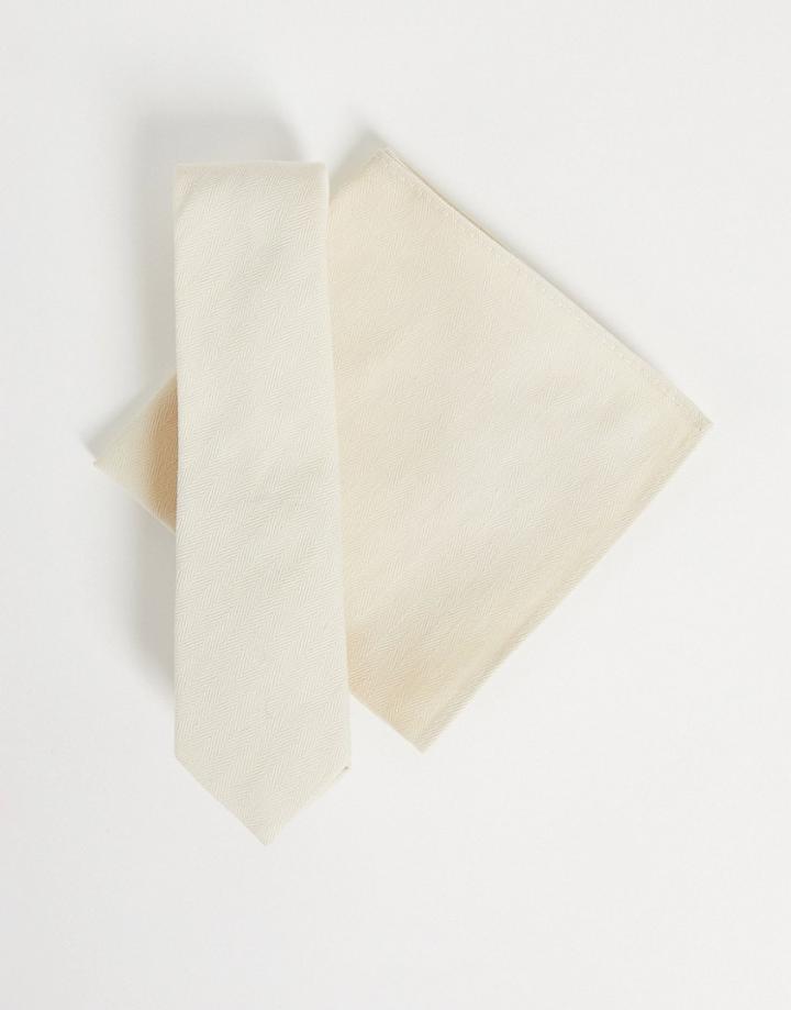 Asos Design Tie And Pocket Square In Ecru-neutral
