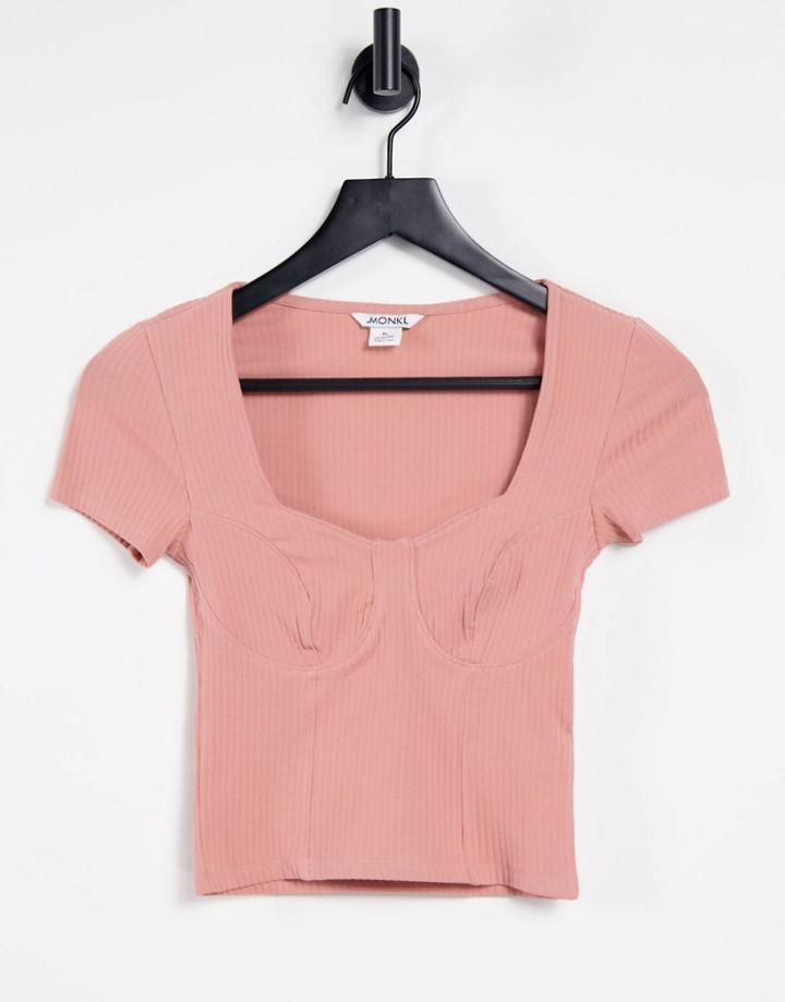 Monki Minnie Organic Cotton Stitch Detail Top In Rose Pink