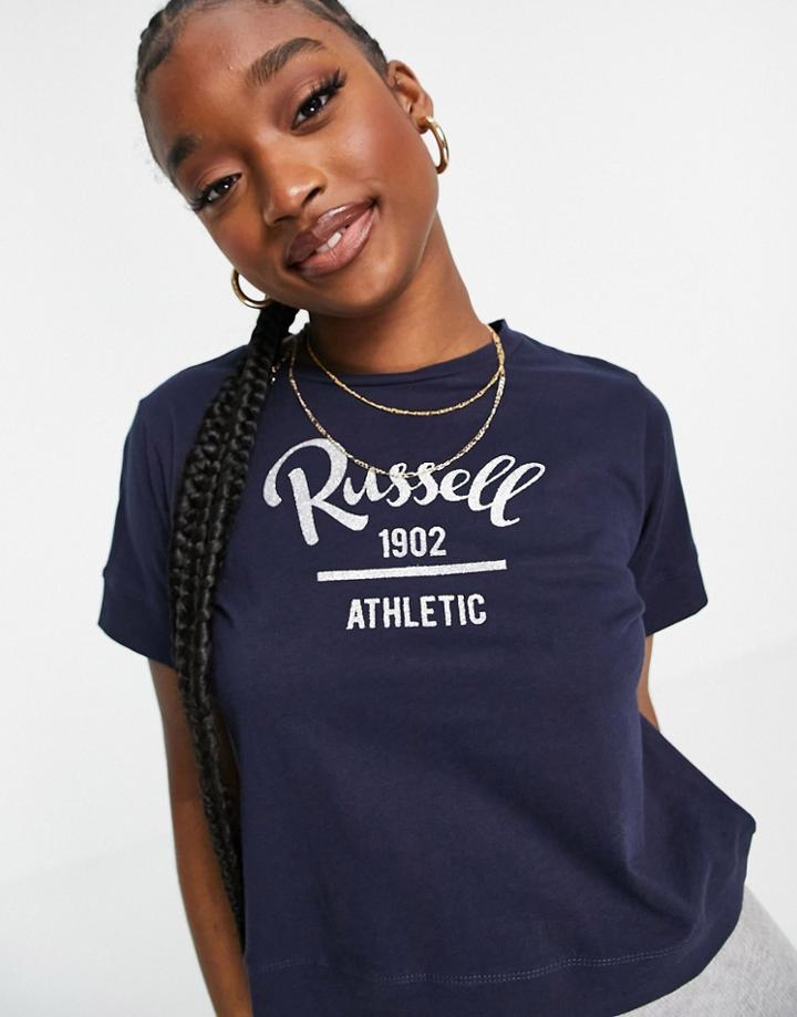 Russell Athletic Cropped Logo Tshirt In Navy