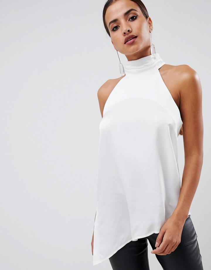 Asos Design High Neck Halter Satin Top - White