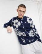 Asos Design Knitted Floral Sweater In Navy Brushed Yarn