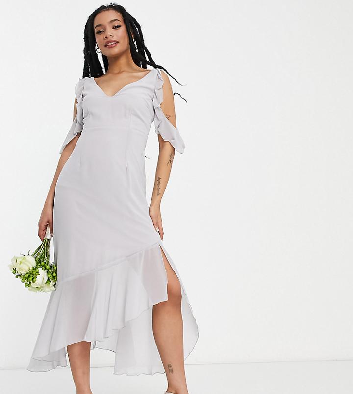 Little Mistress Petite Bridesmaid Cold Shoulder Midi Dress In Light Gray
