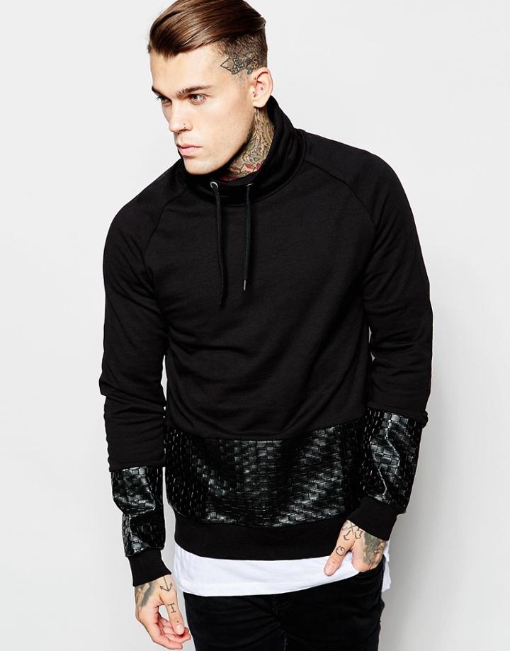 Asos Sweatshirt With Extreme Funnel & Faux Leather Panels - Black
