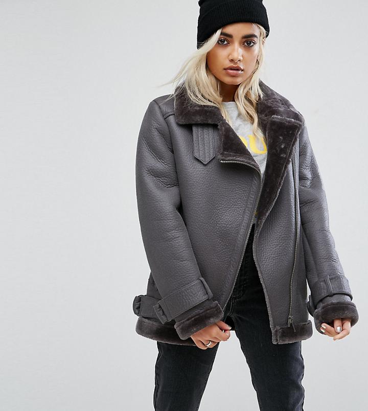 Asos Petite Aviator In Faux Leather - Gray