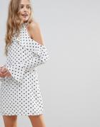 Oh My Love Halterneck Frill Long Sleeve Shift Dress In Polka Dot - White