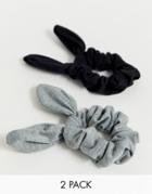 Asos Design Pack Of 2 Scrunchie Hair Ties With Bow Detail In Black And Gray