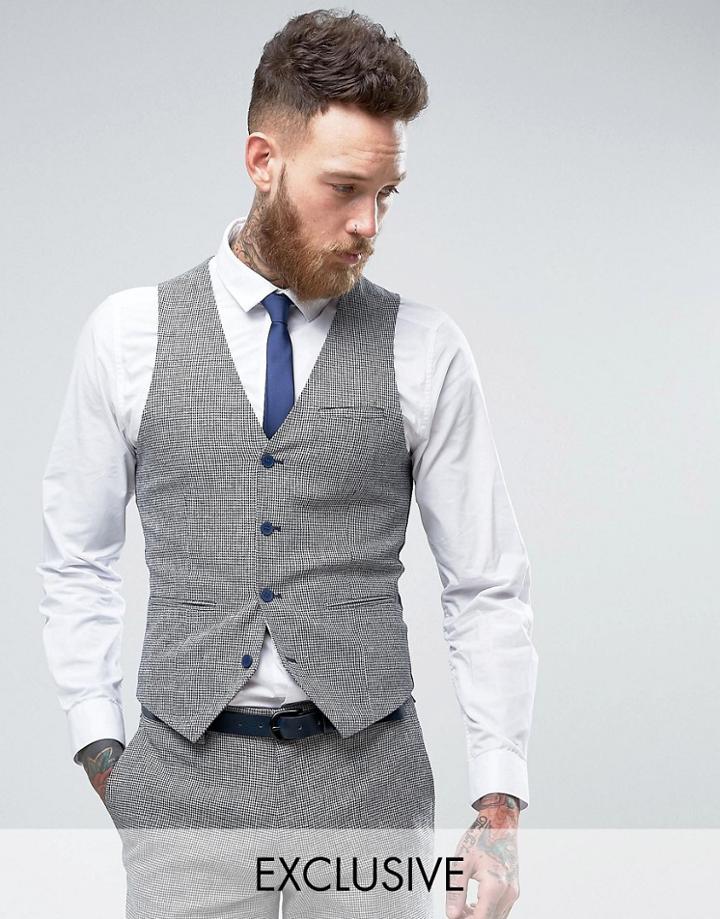 Only & Sons Skinny Wedding Vest In Summer Dogstooth - Navy