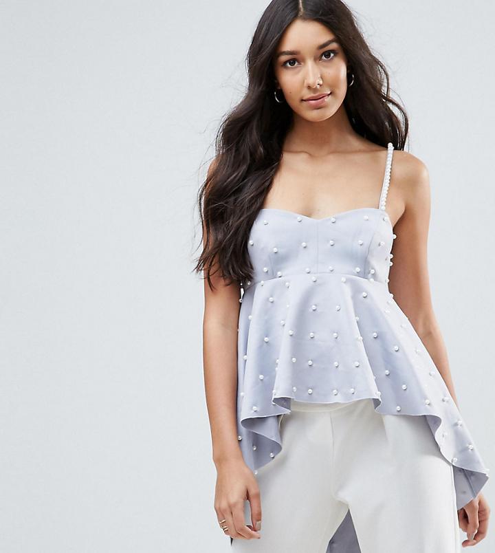 Asos Tall Exclusive Cami Top With Dip Back And Pearl Embellishment - Gray