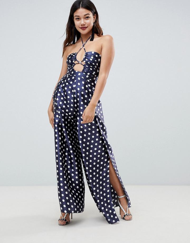 Asos Design Jumpsuit With Cut Out Detail And Halterneck In Satin Polka Dot-multi