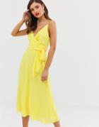 Asos Design Cami Wrap Midi Dress With Tie Waist-yellow