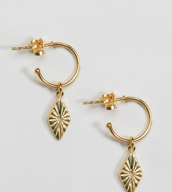 Asos Design Gold Plated Sterling Silver Engraved Diamond Charm Hoop Earrings - Gold