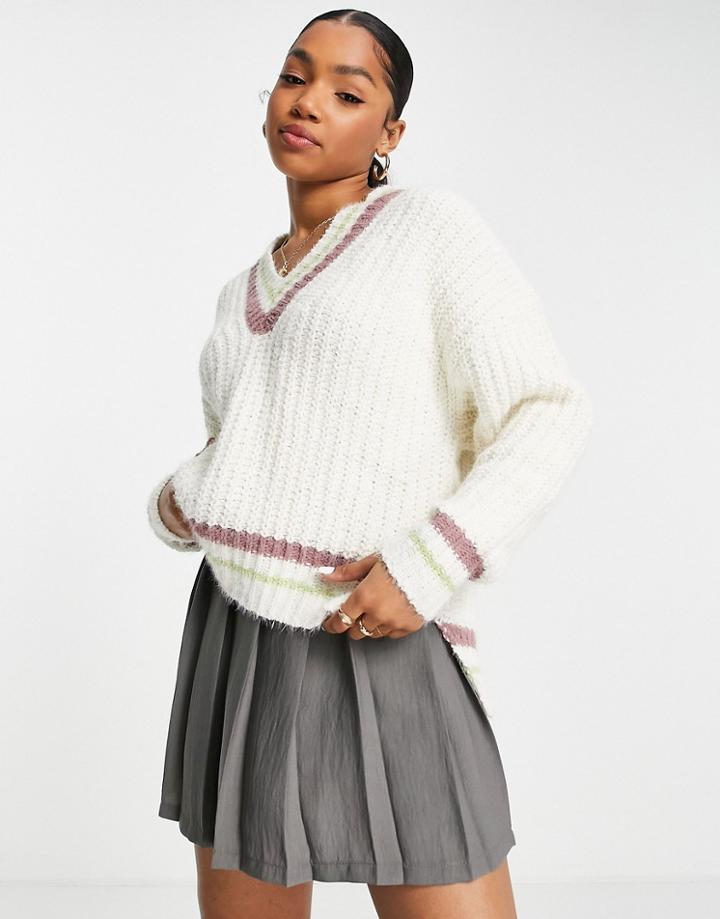 Pull & Bear Varsity Sweater With Contrast Brown Stitching In Ecru-neutral