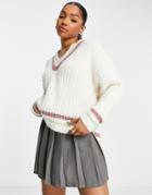 Pull & Bear Varsity Sweater With Contrast Brown Stitching In Ecru-neutral