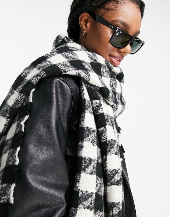 Asos Design Check Scarf With Raw Edge In Mono-multi
