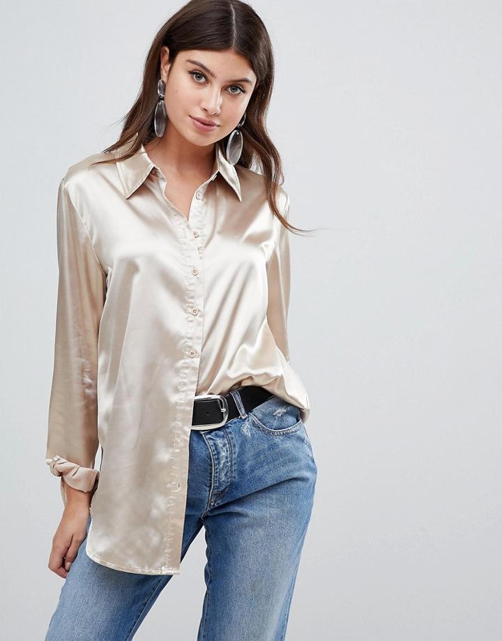 Prettylittlething Satin Shirt In Champagne - Beige