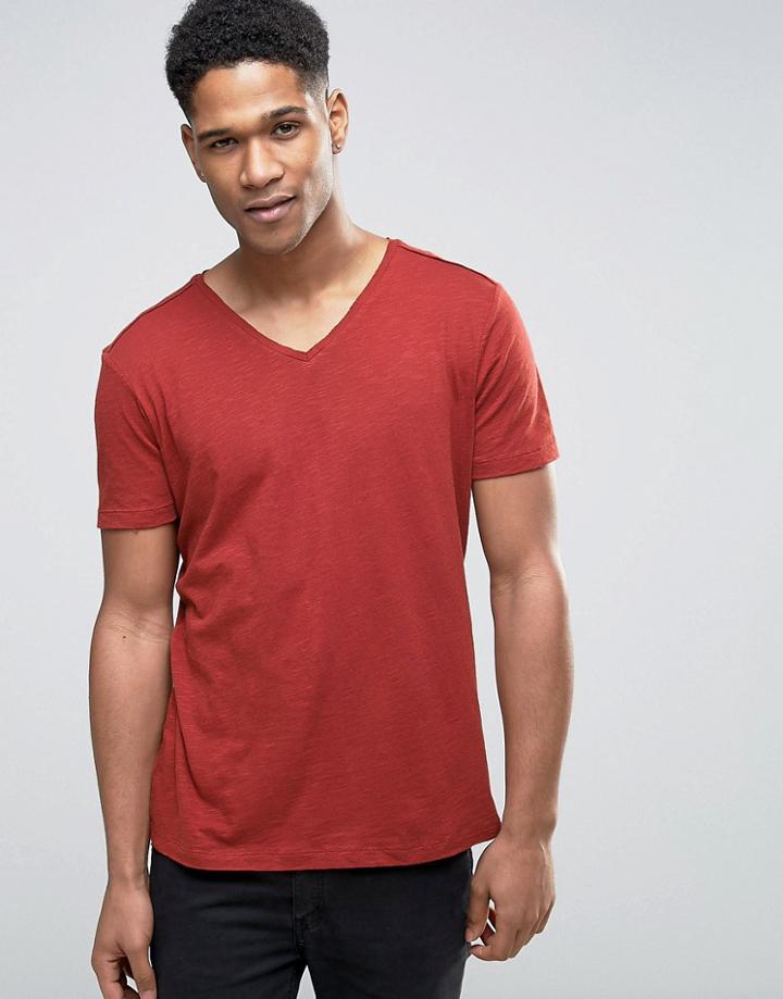 Sisley V-neck T-shirt In Slub - Orange