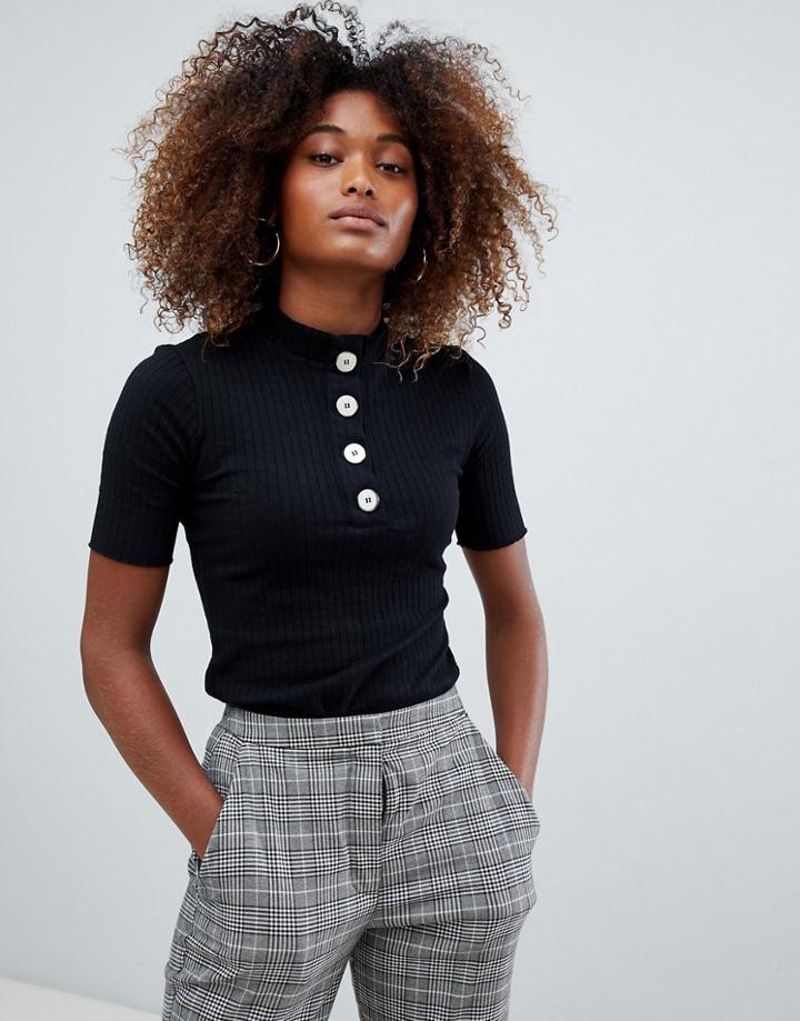Bershka Button Front High Neck Top - Black