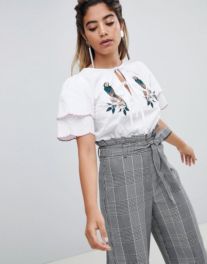 Fashion Union Tie Neck Blouse With Layered Sleeves And Parrot Embroidery - White
