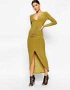 Club L Plunge Front Ruched Detail Maxi Dress - Deep Lime