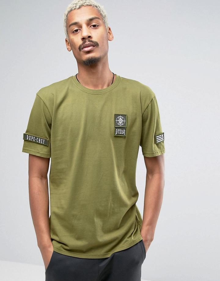 Dxpe Chef T-shirt In Khaki With Military Patches - Green