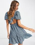 Glamorous Tie Back Milkmaid Mini Dress In Black Blue Floral-multi