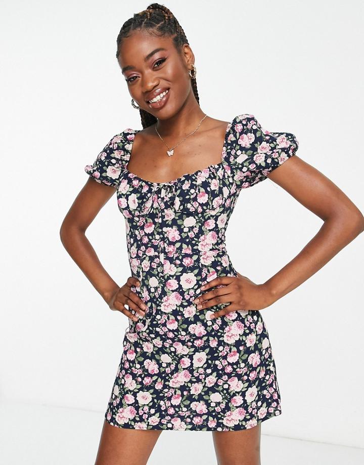 Naanaa Milkmaid Mini Dress In Black And Pink Floral-multi