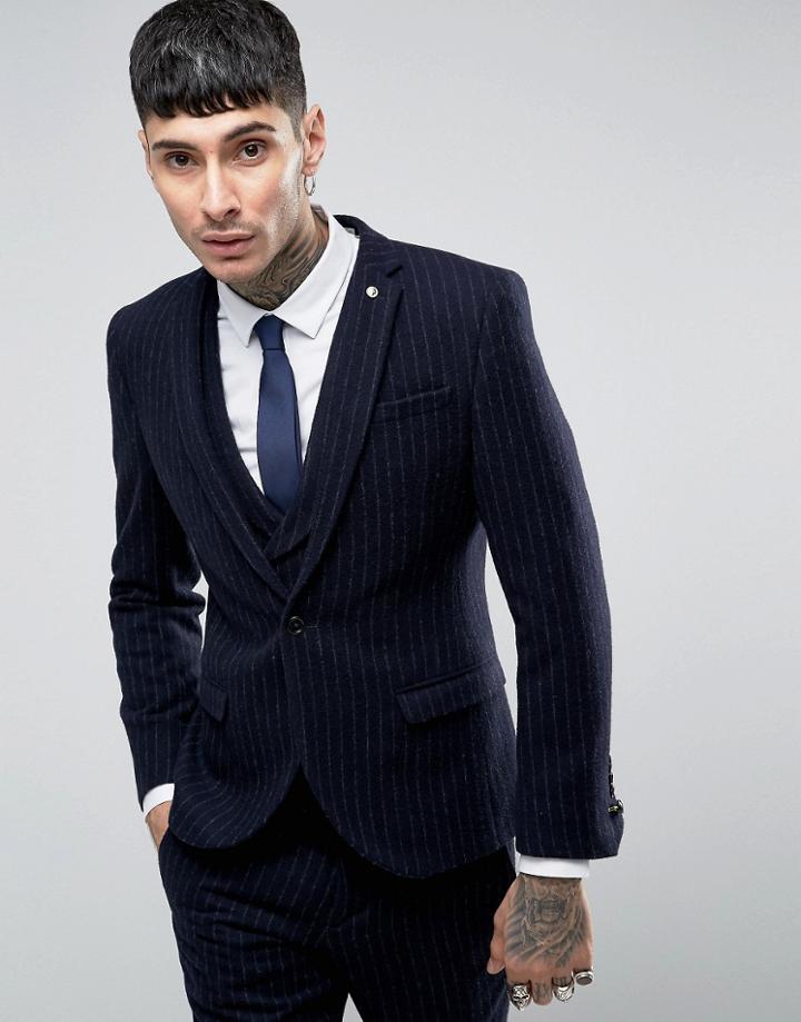 Noose & Monkey Skinny Suit Jacket In Brushed Pinstripe - Navy