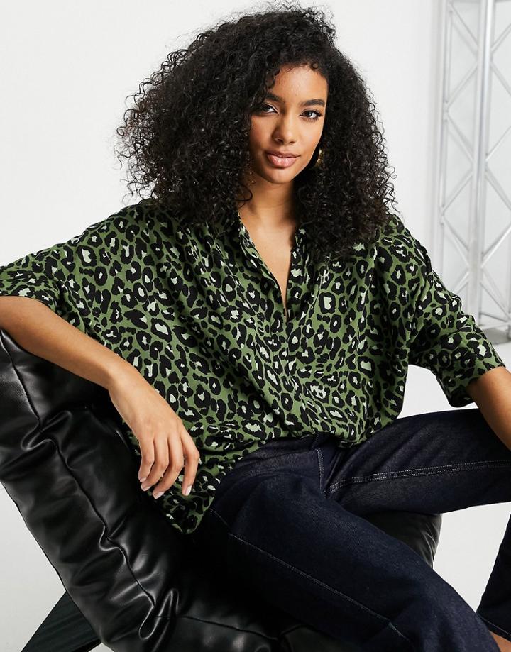 Asos Design Oversized Long Sleeve Shirt In Green Leopard Print